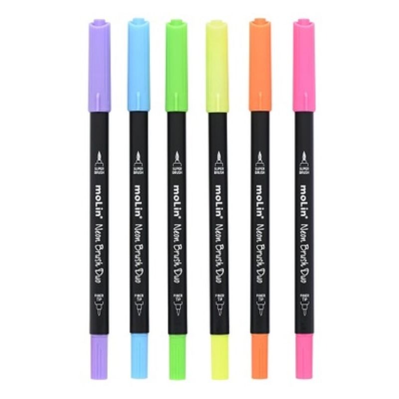 Caneta Neon com Duas Pontas (Brush e FineLiner) 6 Cores - Molin