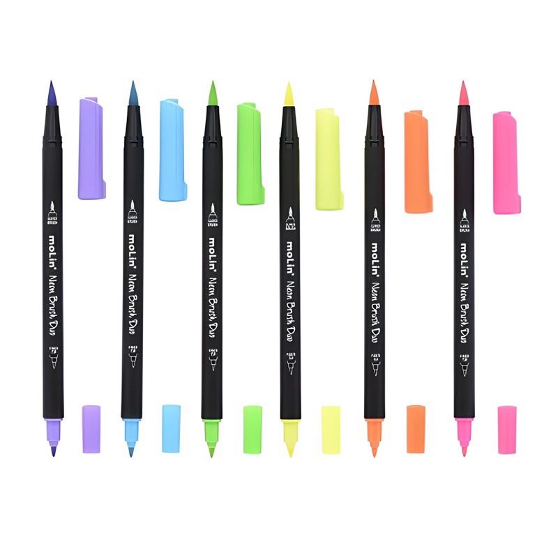 Caneta Neon com Duas Pontas (Brush e FineLiner) 6 Cores - Molin