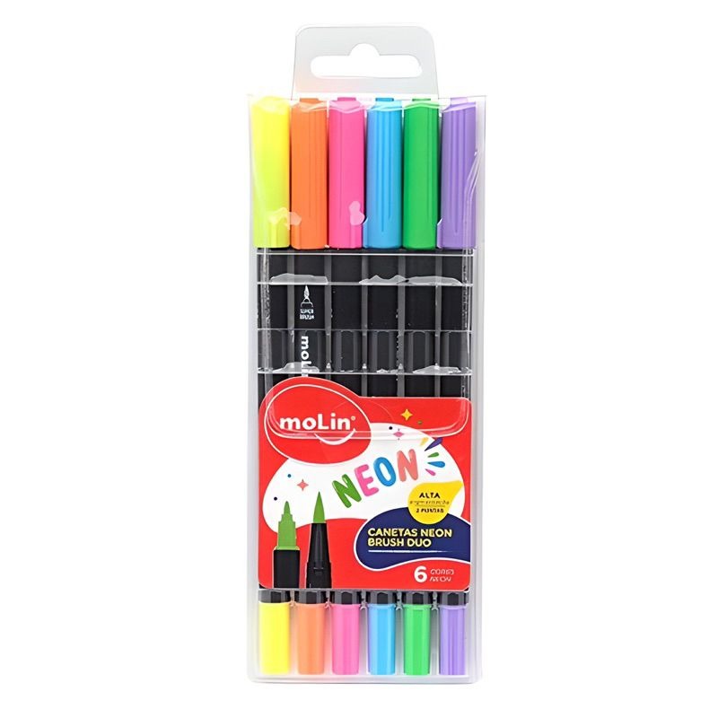 Caneta Neon com Duas Pontas (Brush e FineLiner) 6 Cores - Molin