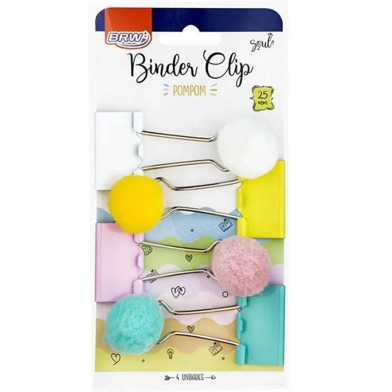 Prendedor de Papel Brw Binder Clip Pompom Colorido com 4 unidades