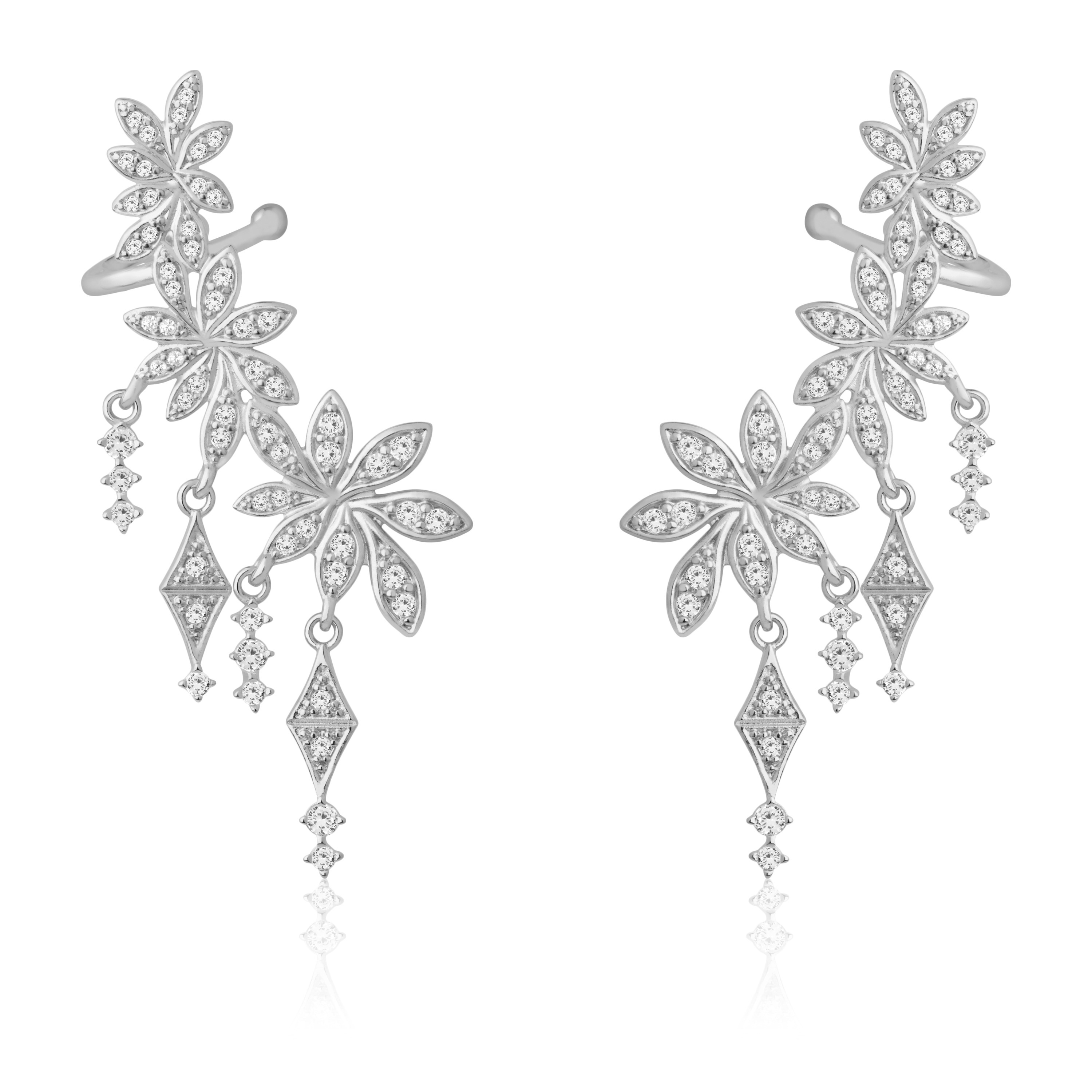 Brinco Ear Cuff  Flores Pend Cravejado Ródio