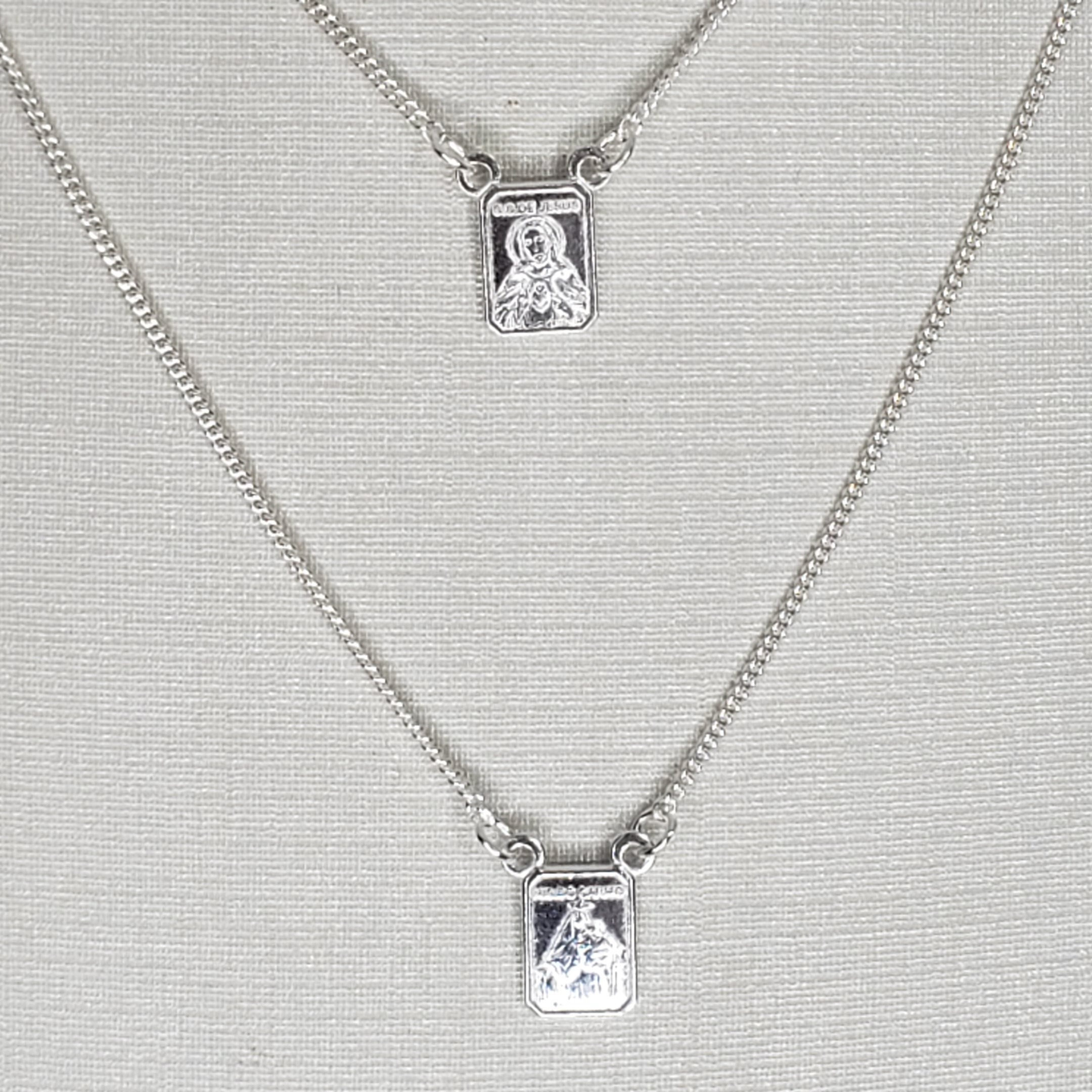 Escapulário Pequeno Nossa Senhora Jesus e Sagrado Coração de Jesus Prata 925