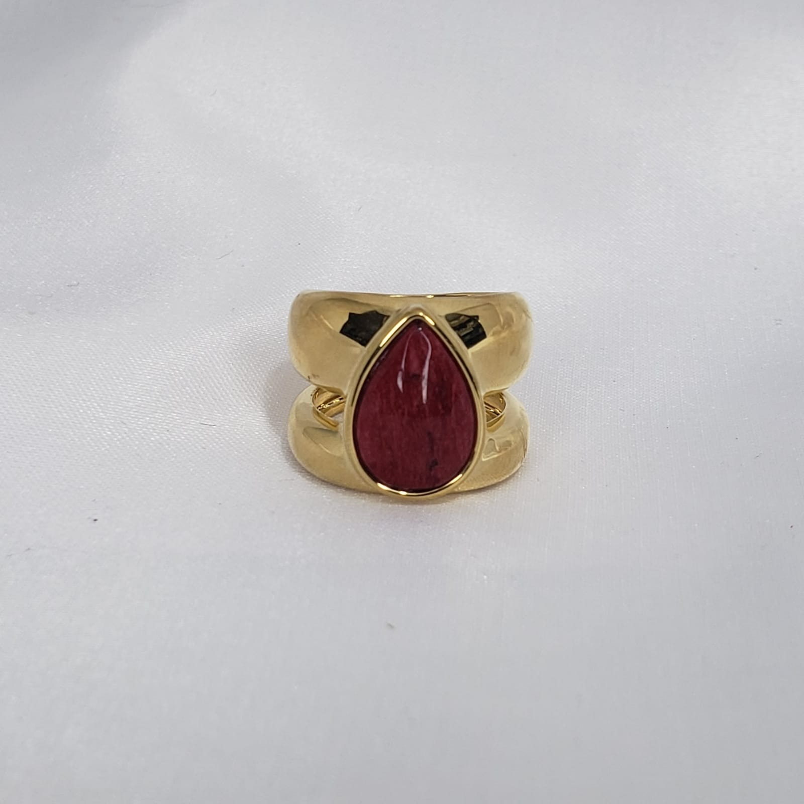 Anel Elaine Palma Dedo Mindinho Gota Pedra Vermelha Folheado Ouro 18k - N.14