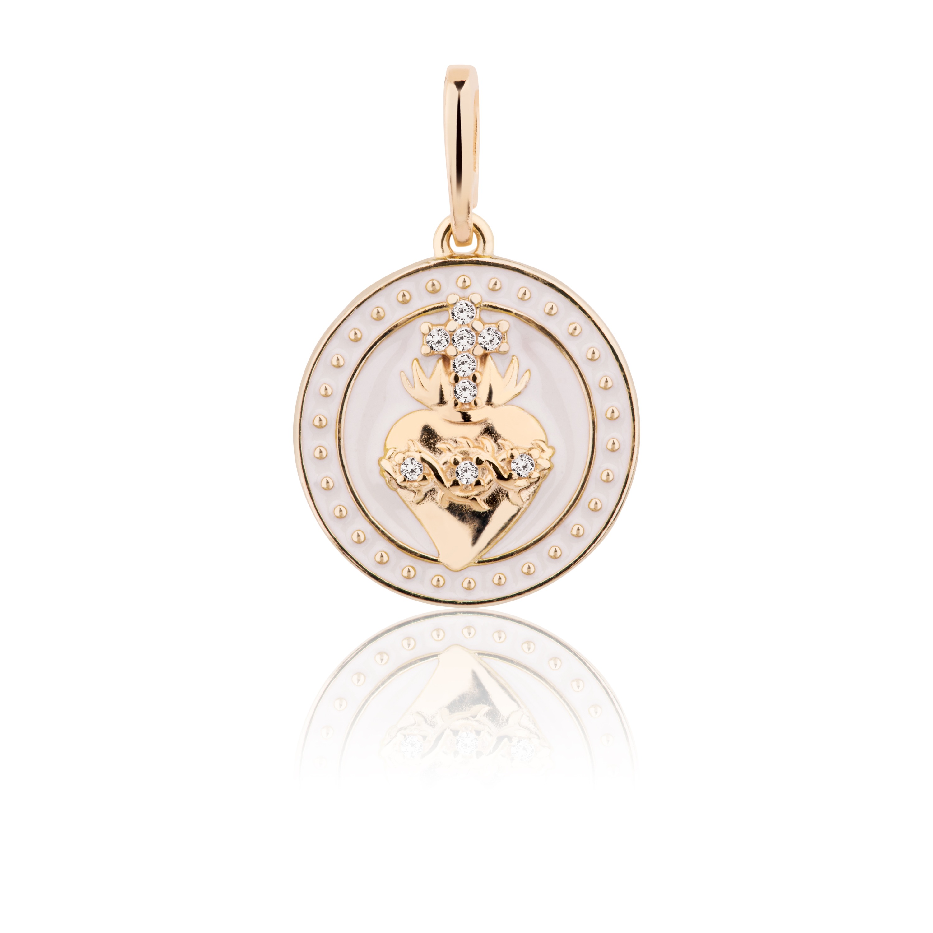 Pingente Medalha Sagrado Coração Fundo Off White Folheado Ouro 18K
