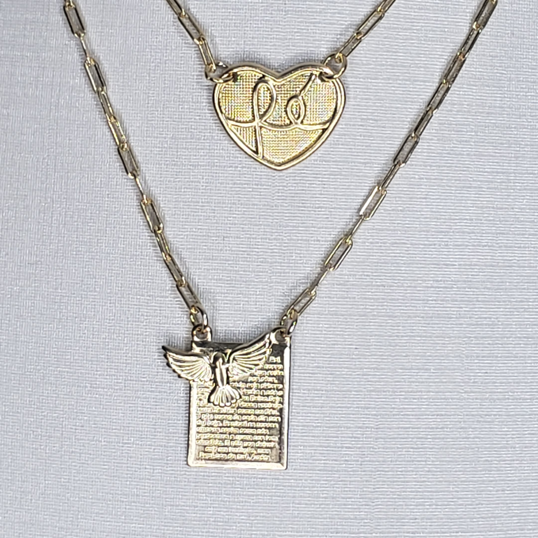 Escapulário Coração Fé e Plaquinha Espírito Santo Folheado Ouro 18k