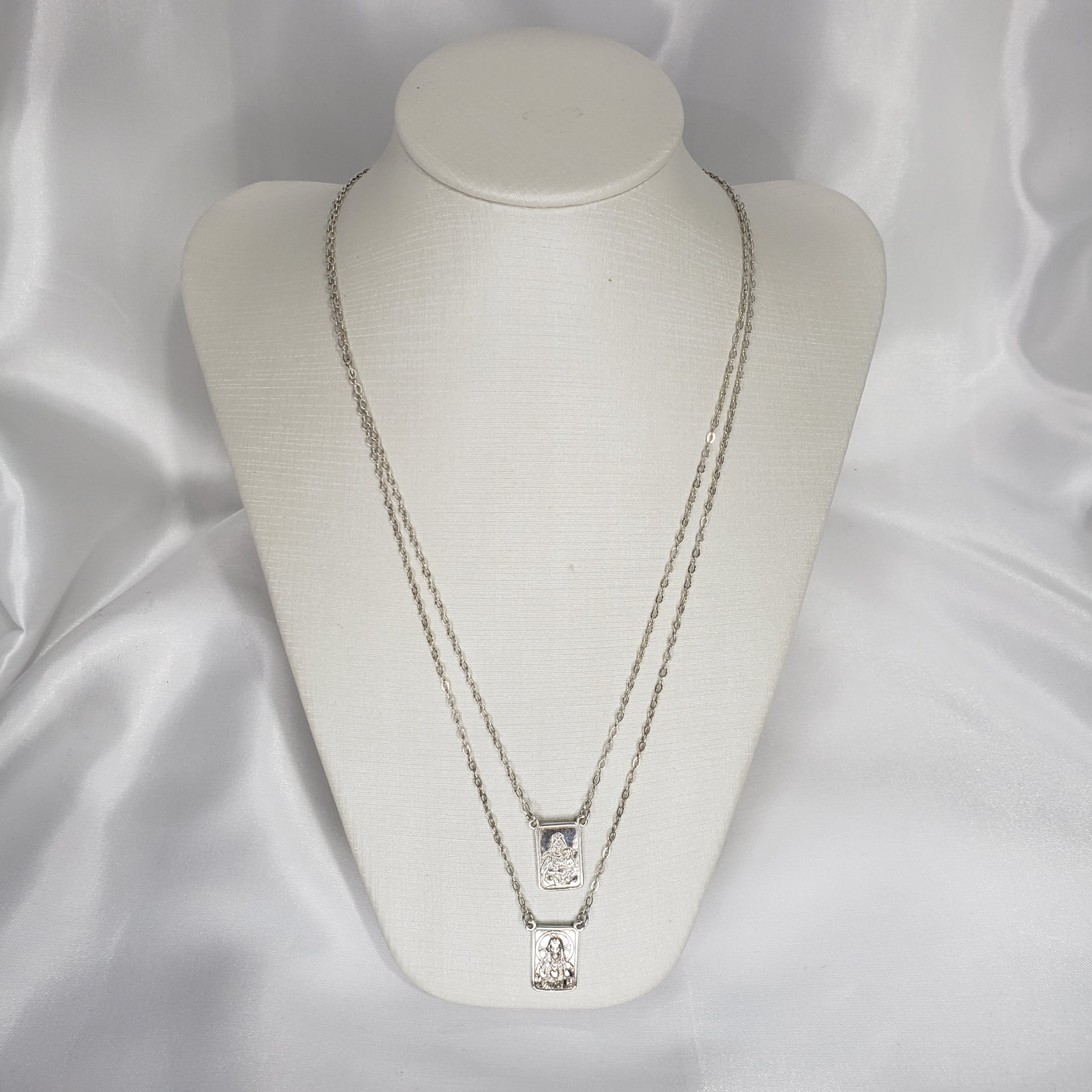 Escapulário Tradicional G Frente Verso Nossa Senhora Jesus e Sagrado Coração de Jesus Prata 925