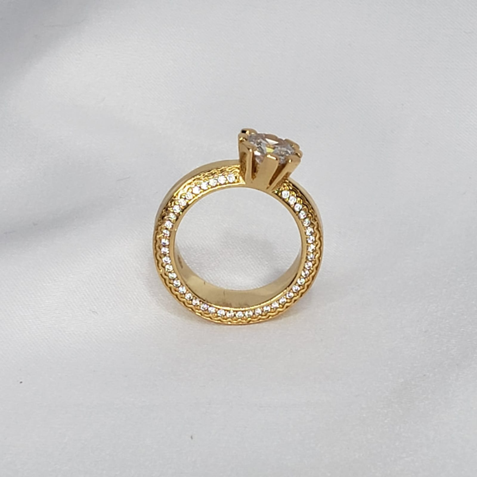 Anel Elaine Palma Aliança Solitário Cravejada Folheado Ouro 18k