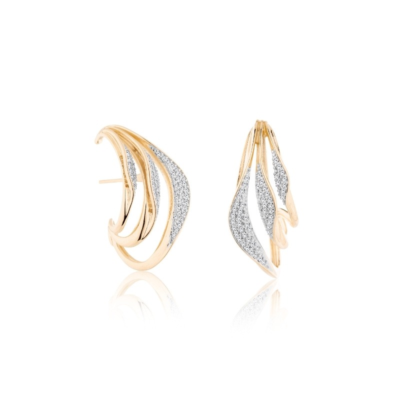 Brinco Meia Argola Presa Meio 3 Linhas Cravejadas Folheado Ouro 18K