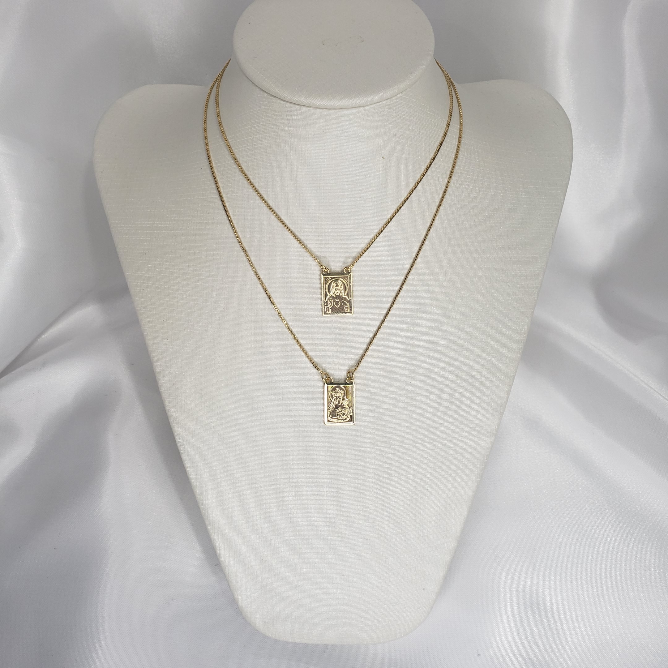 Escapulário Tradicional Frente Verso N Senhora Jesus e Sagrado Coração de Jesus Folheado Ouro 18k