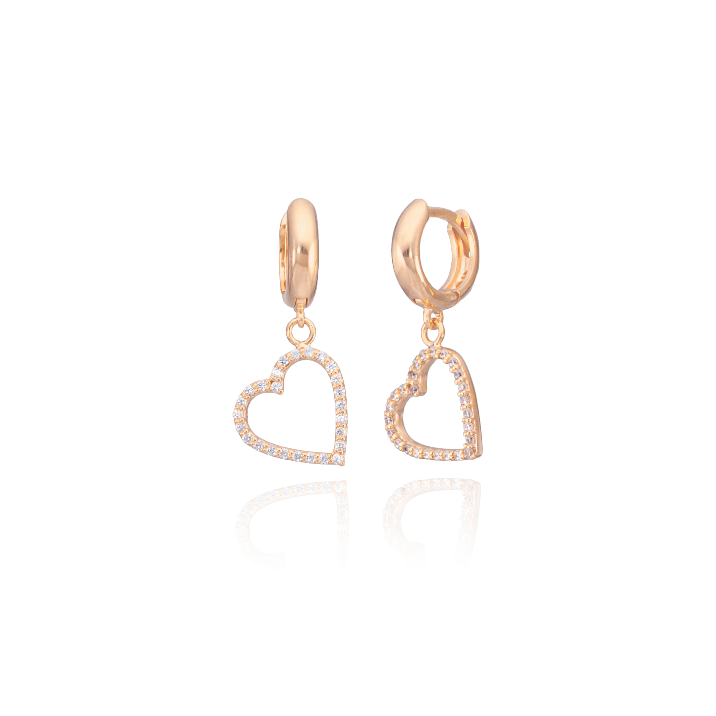 Brinco Argola P Pressão Coração Vazado Cravejado Pend Folheado Ouro 18K