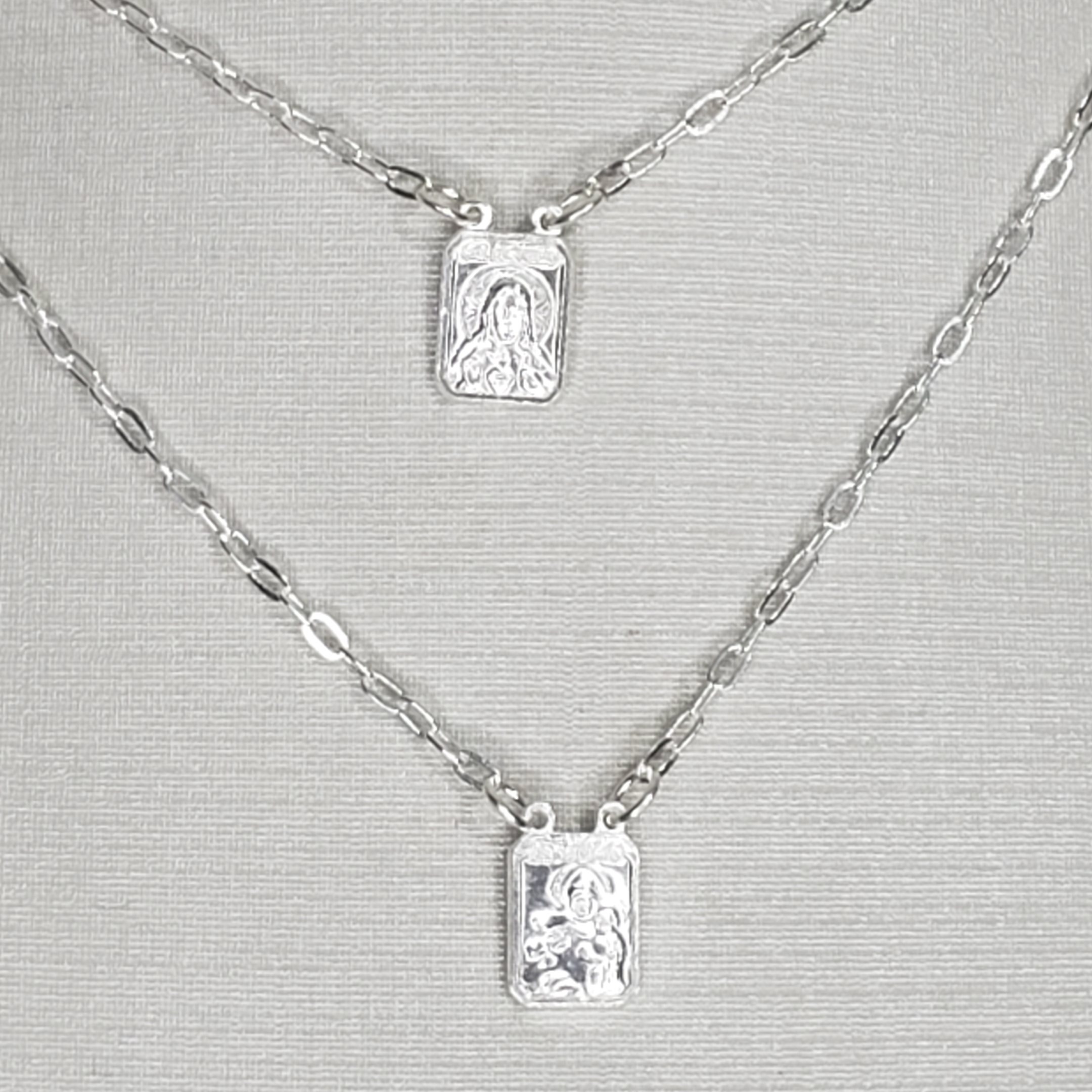 Escapulário Tradicional Frente Verso N Senhora Jesus e Sagrado Coração de Jesus Prata 925