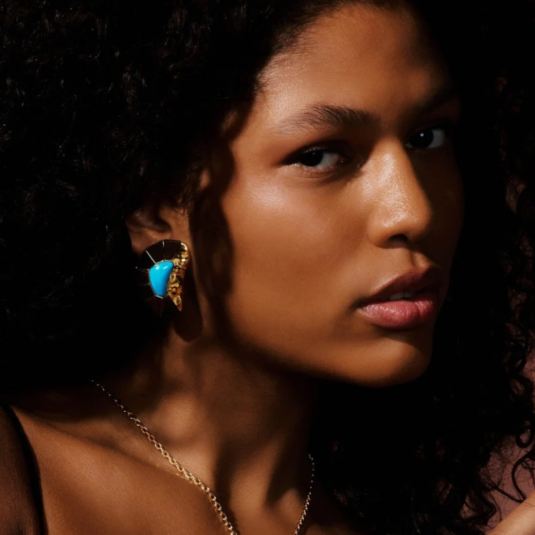 Brinco Elaine Palma Mosaico Lagoa Azul Folheado Ouro 18k