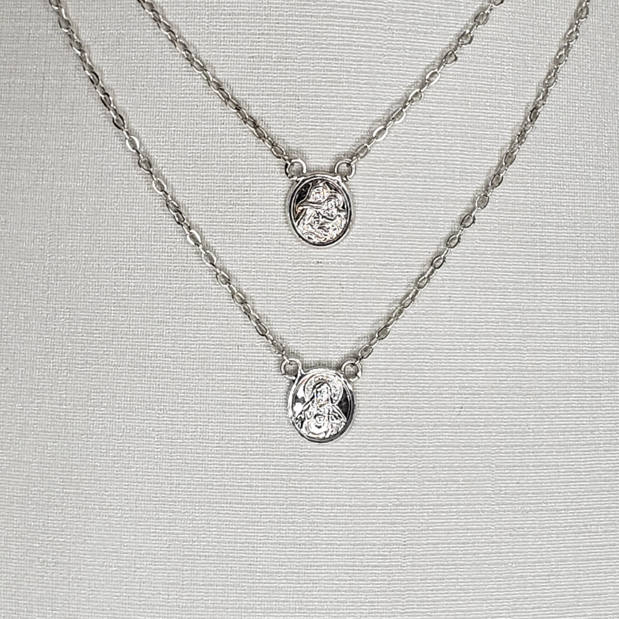 Escapulário Pequeno Nossa Senhora Jesus e Sagrado Coração de Jesus Prata 925