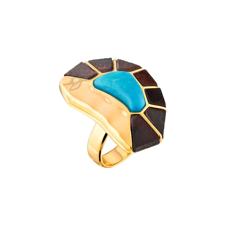 Anel Elaine Palma Mosaico Lagoa Azul Centro Folheado Ouro 18k - N.19