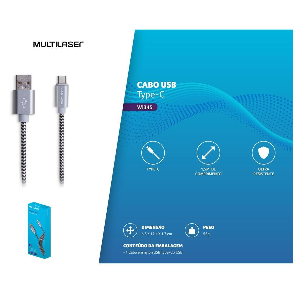 Cabo USB Tipo C Multilaser Ultra Resistente 1.5m