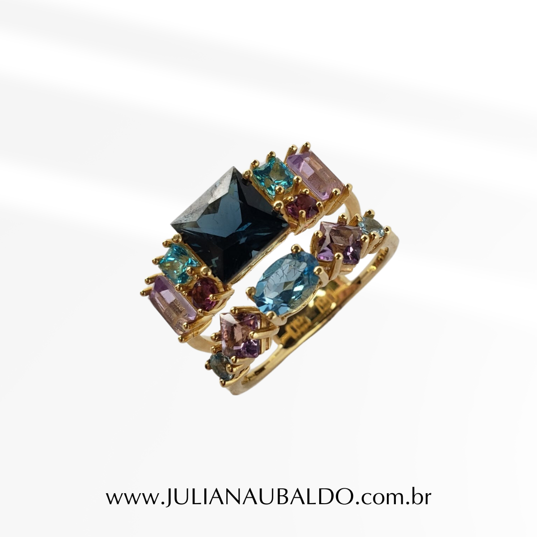 Anel Duplo Top London, Top Carre Azul, Top Paraíba e Ametista Ouro 18k