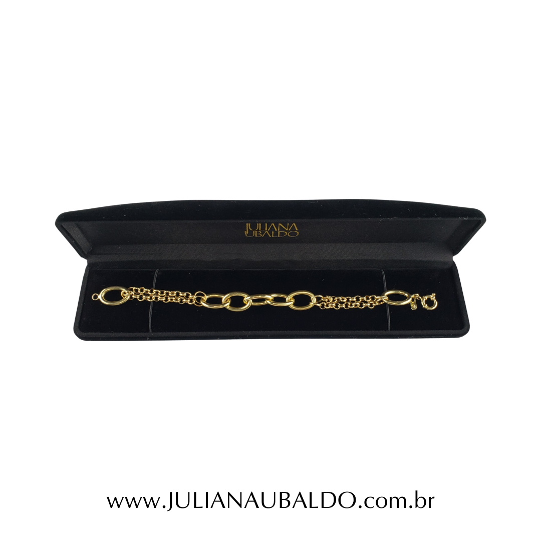 Pulseira Portuguesa Dupla Elos Centrais Ovais Ouro 18k