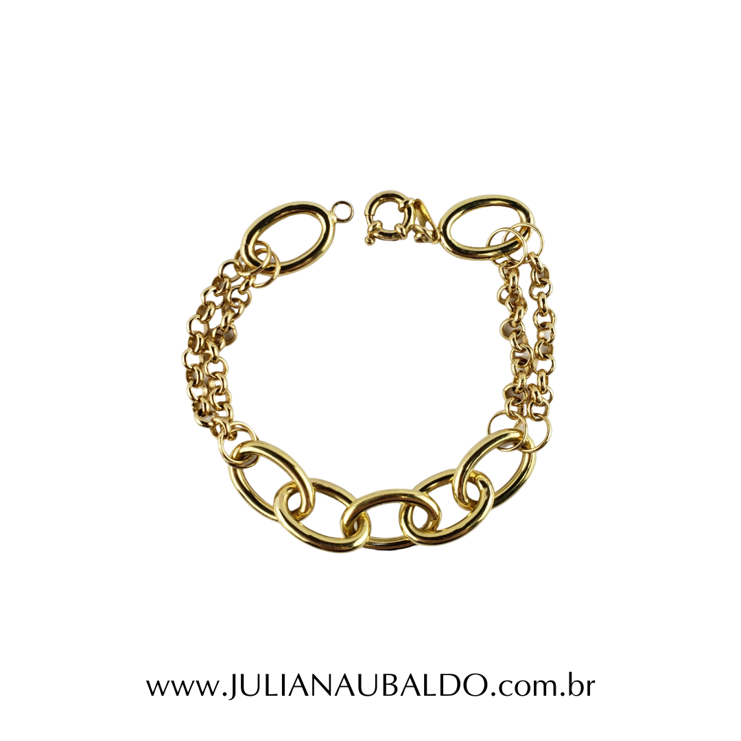 Pulseira Portuguesa Dupla Elos Centrais Ovais Ouro 18k