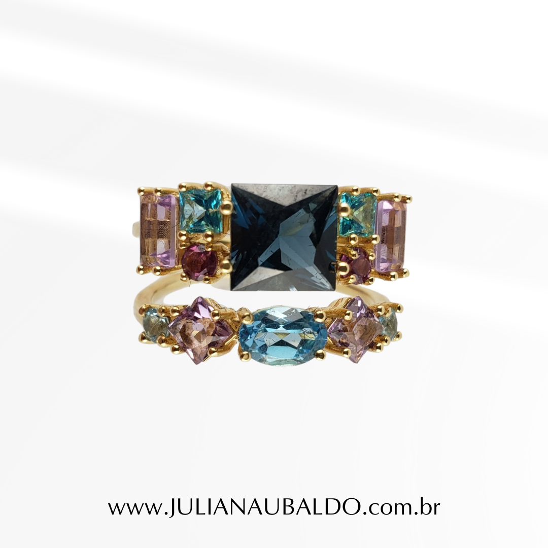 Anel Duplo Top London, Top Carre Azul, Top Paraíba e Ametista Ouro 18k