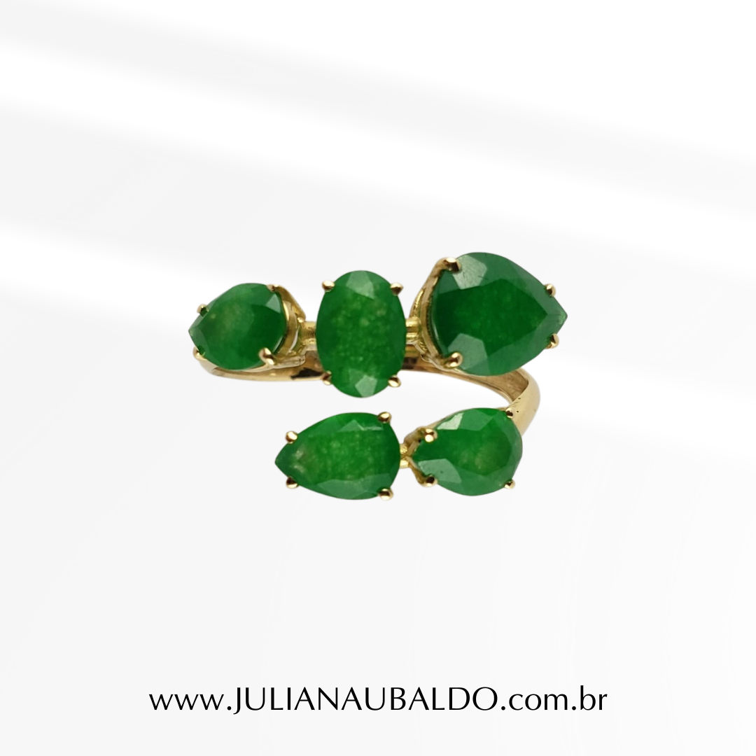 Anel Vazado 5 Pedras de Jade Verde Ouro 18k