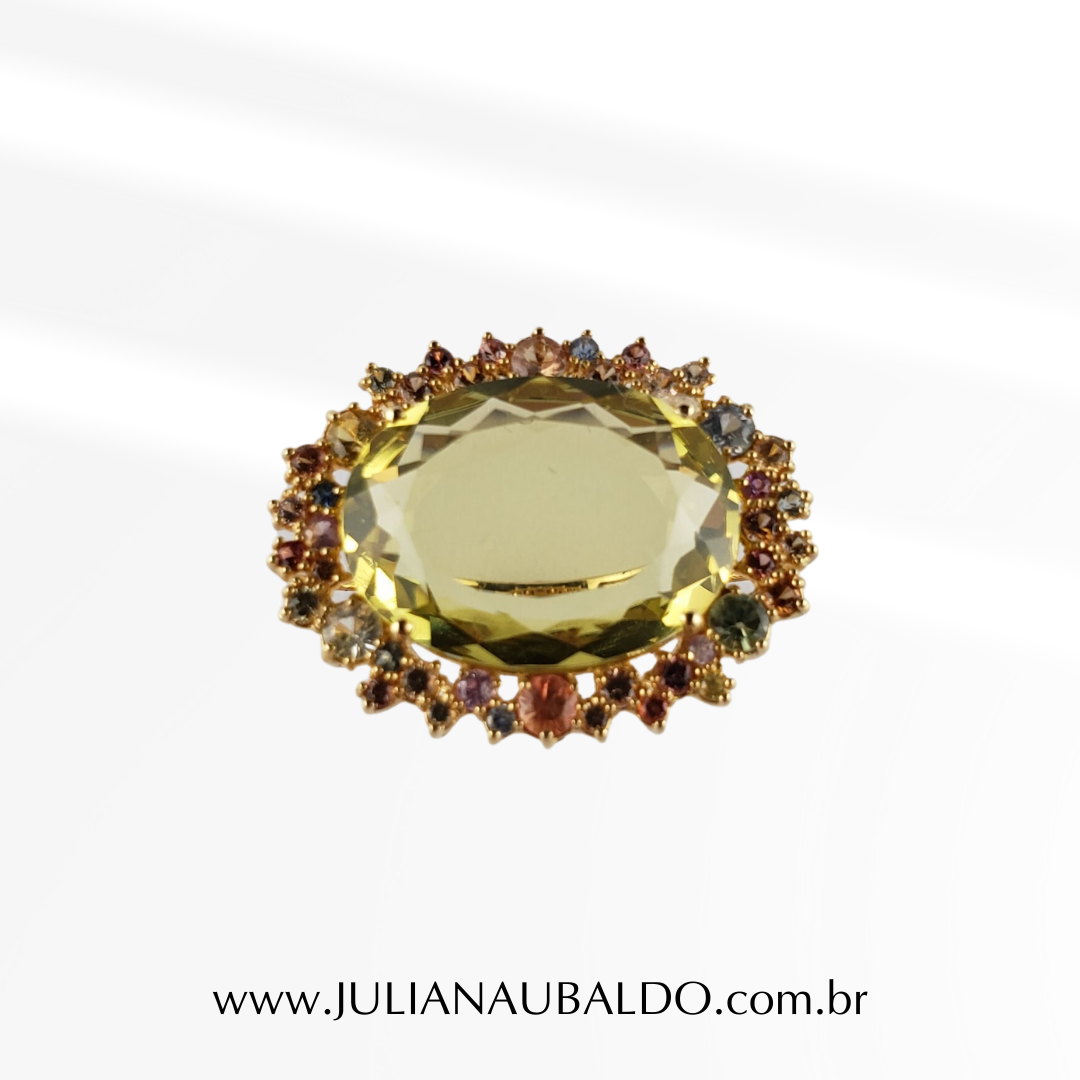 Anel Green Gold Oval com 72 Safiras Coloridas Ouro 18k