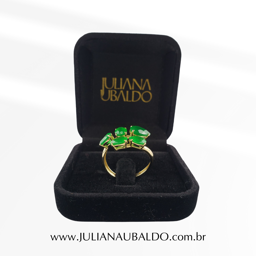 Anel Vazado 5 Pedras de Jade Verde Ouro 18k