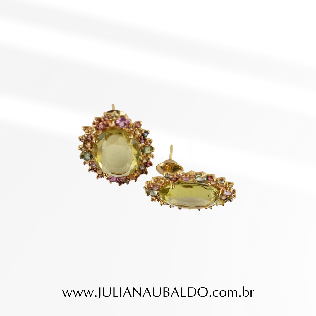 Brinco Oval Green Gold com 72 Safiras Coloridas Ouro 18k