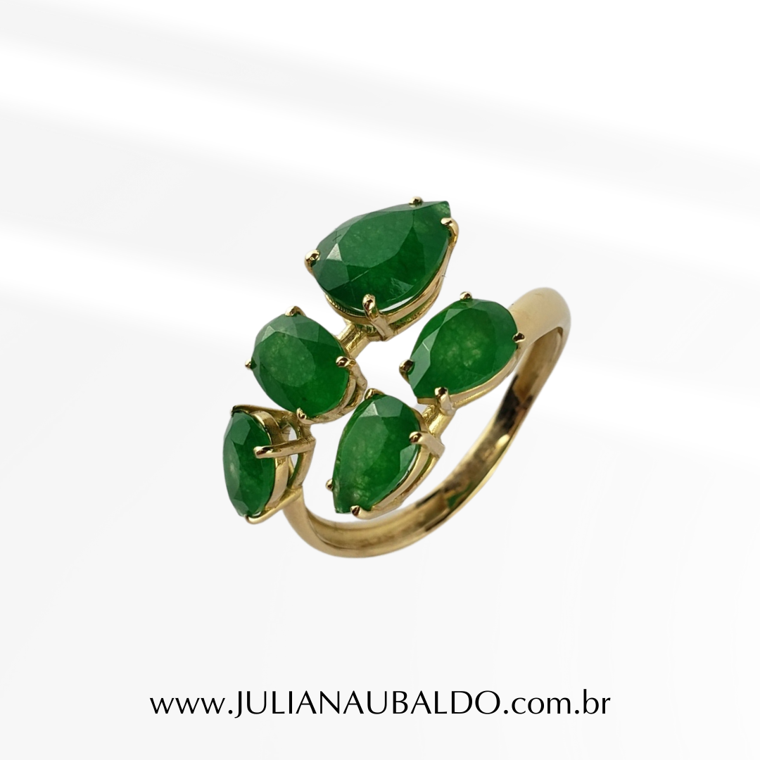 Anel Vazado 5 Pedras de Jade Verde Ouro 18k