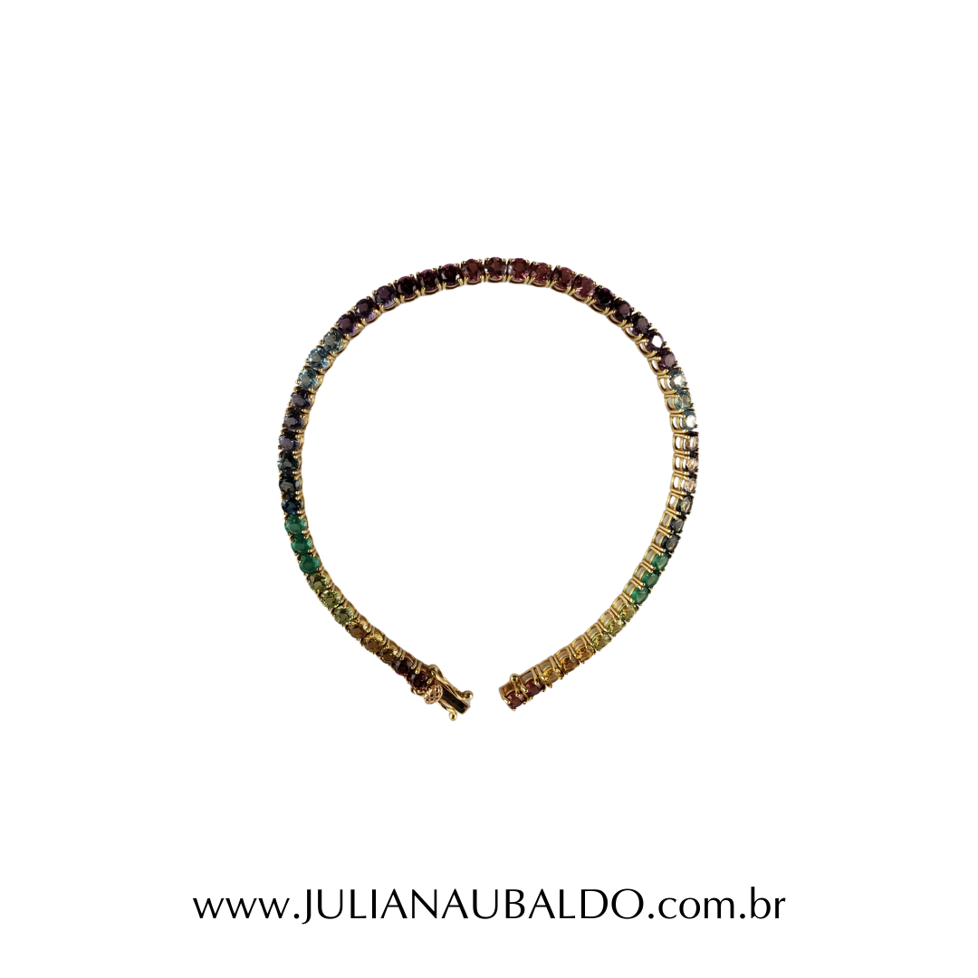 Pulseira Riviera 55 Pedras Coloridas Ouro 18k