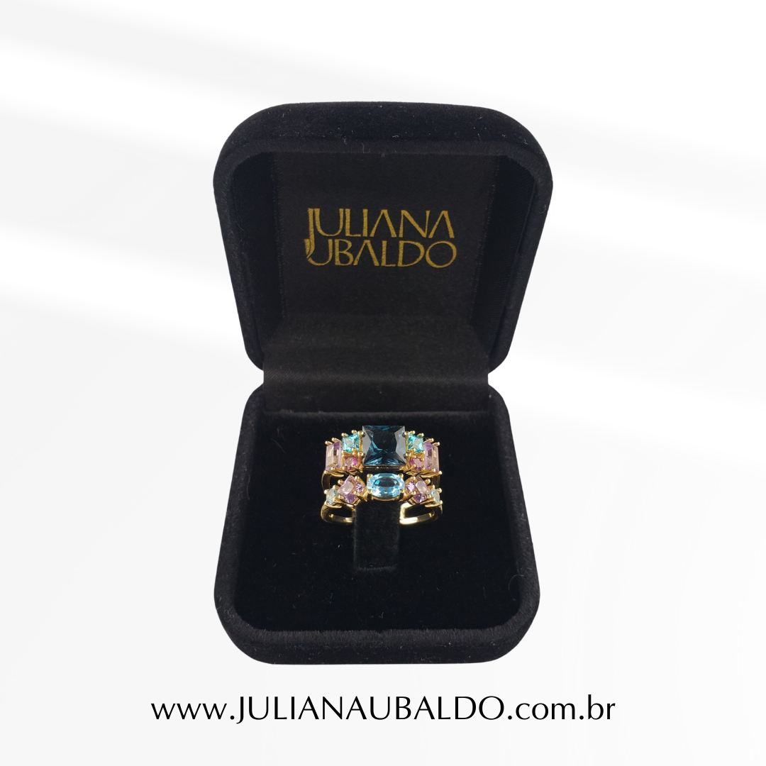 Anel Duplo Top London, Top Carre Azul, Top Paraíba e Ametista Ouro 18k