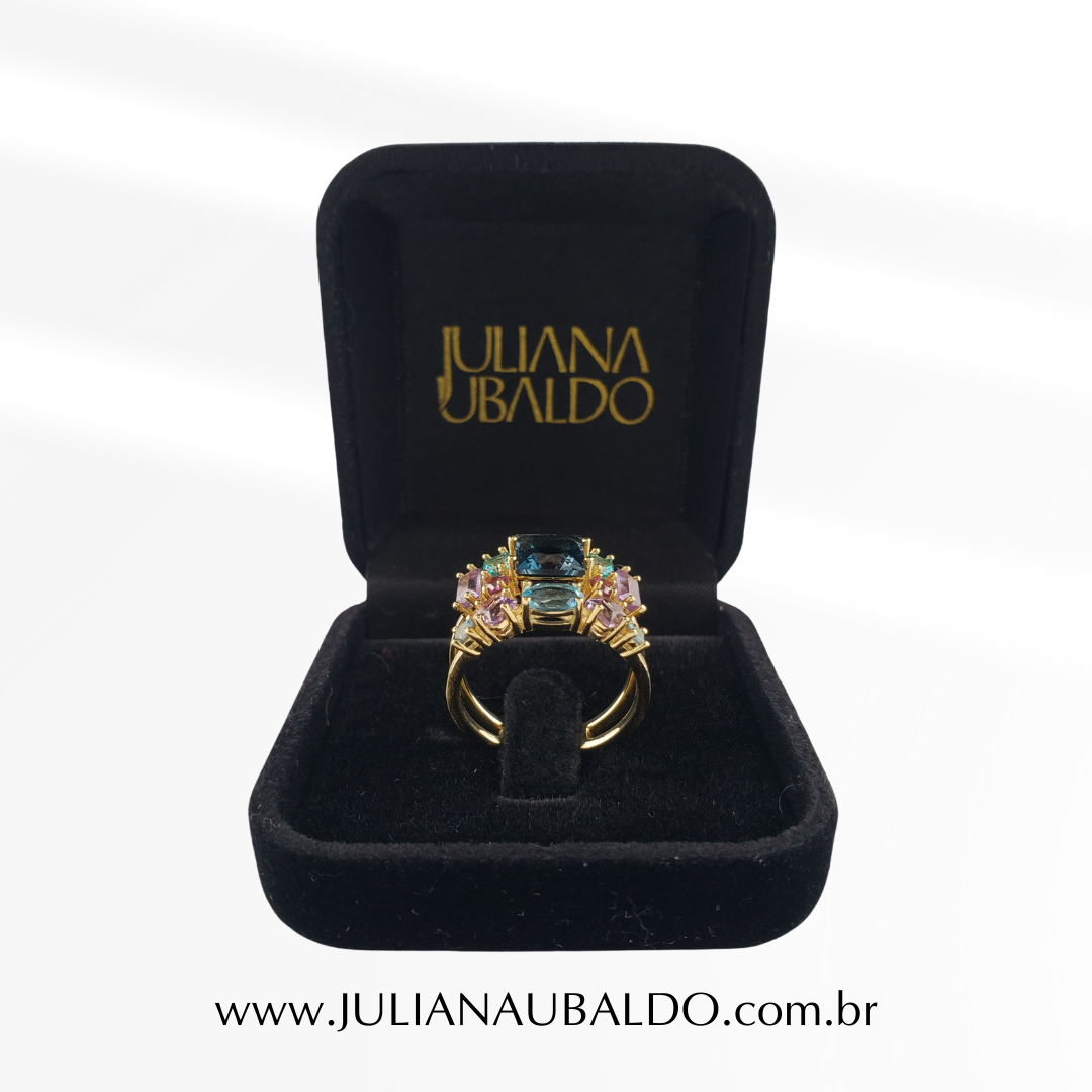 Anel Duplo Top London, Top Carre Azul, Top Paraíba e Ametista Ouro 18k