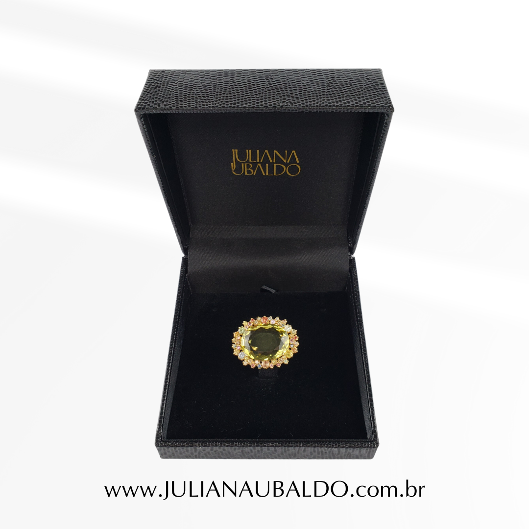 Anel Green Gold Oval com 72 Safiras Coloridas Ouro 18k