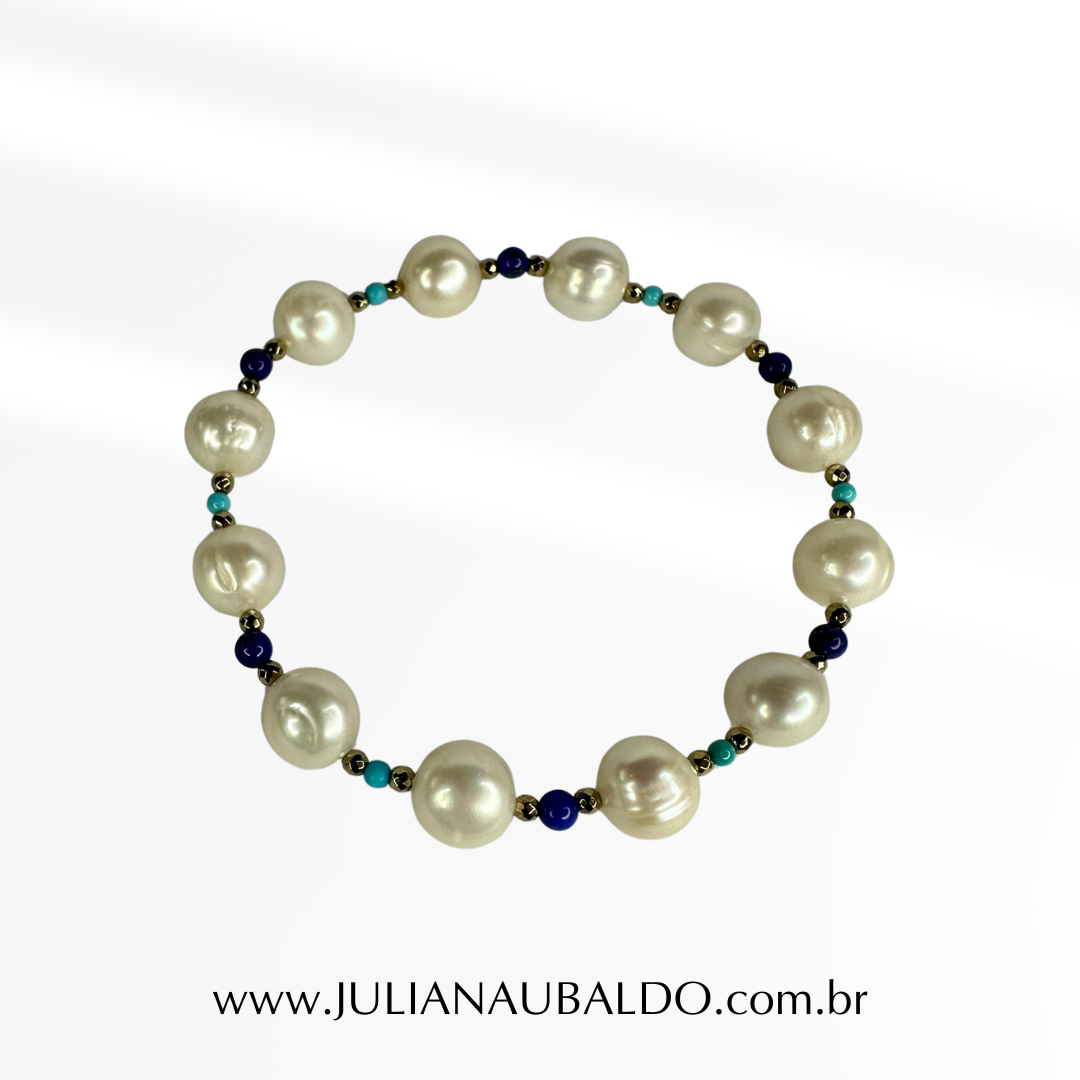 Pulseira Pérolas com Hematitas, Turquesas e Lápis Lazuli