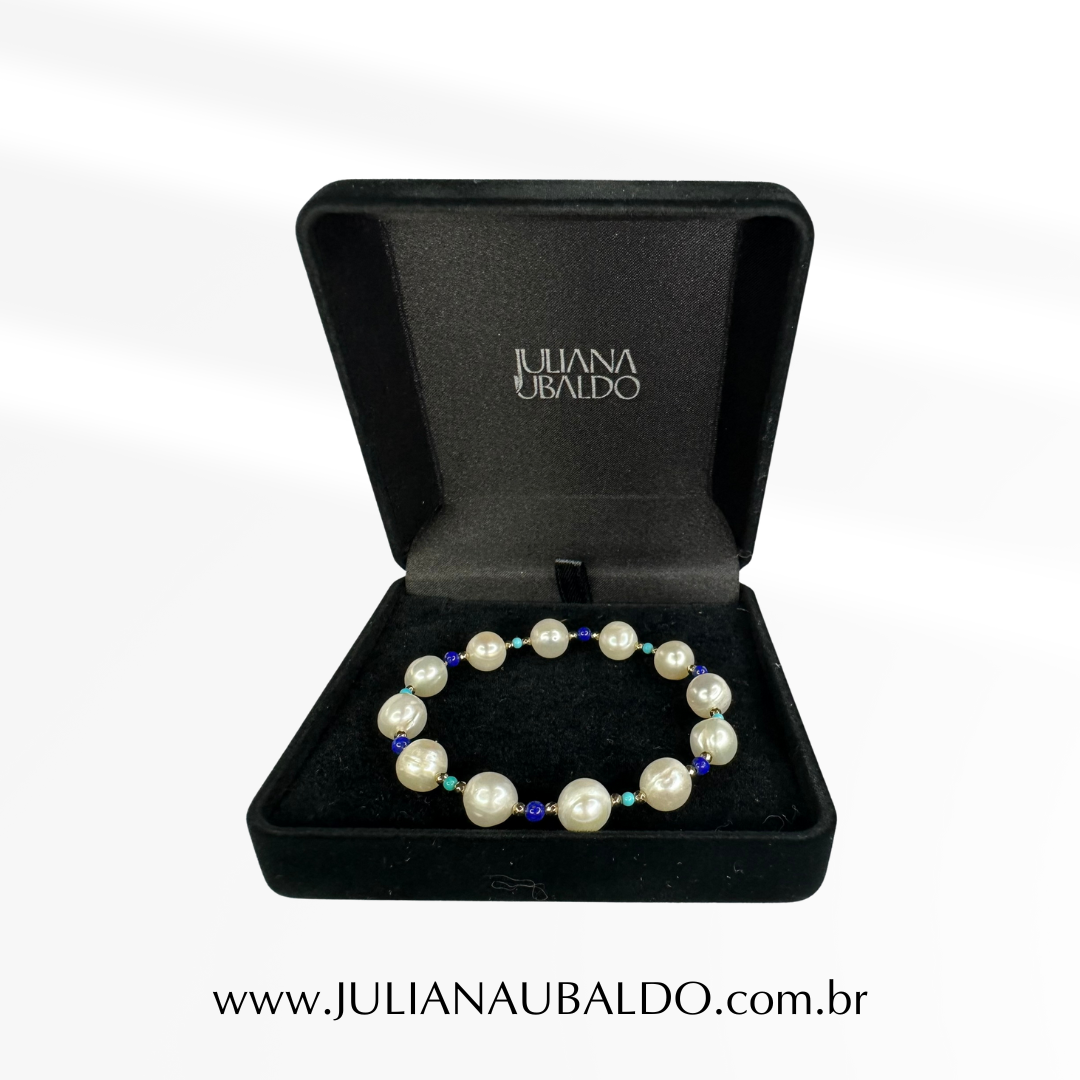 Pulseira Pérolas com Hematitas, Turquesas e Lápis Lazuli