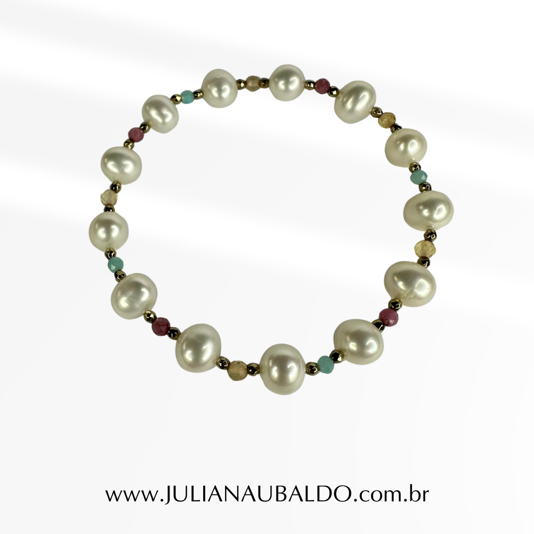 Pulseira Pérolas com Hematitas, Amazonitas e Quartzo Rosa