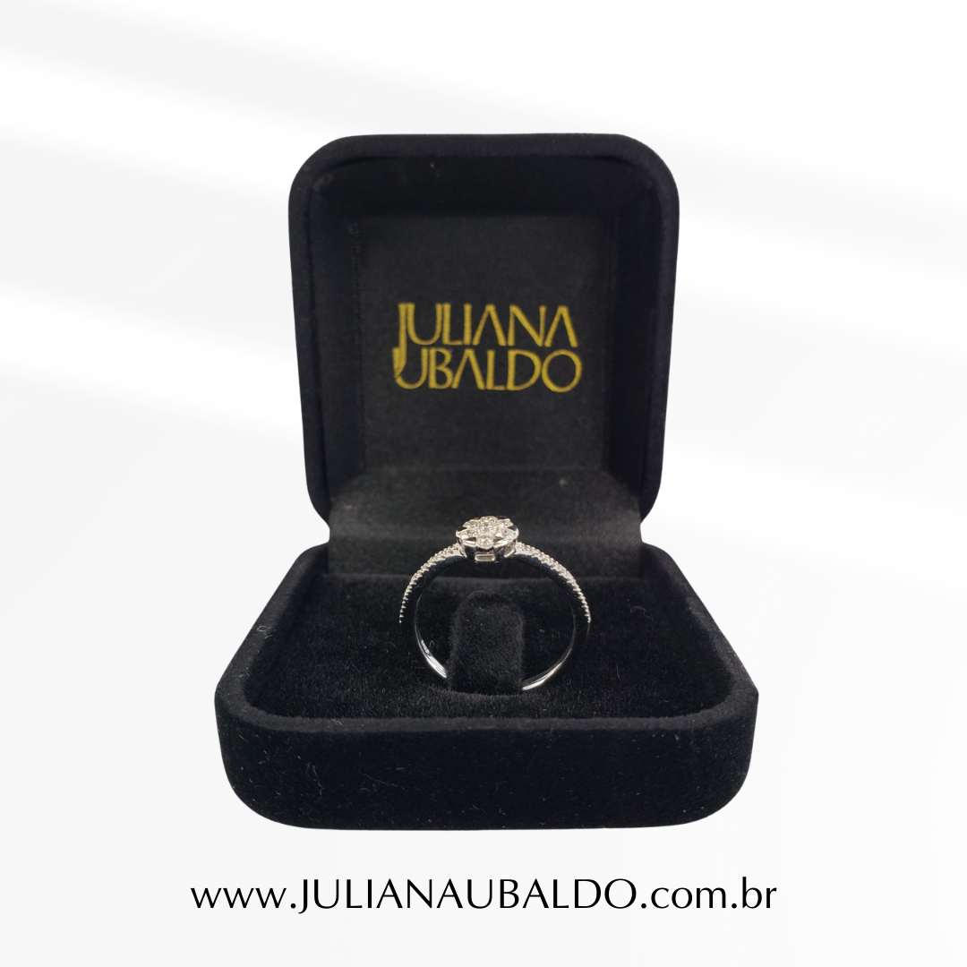 Anel Meia Aliança com Flor em Brilhantes Ouro Branco 18k