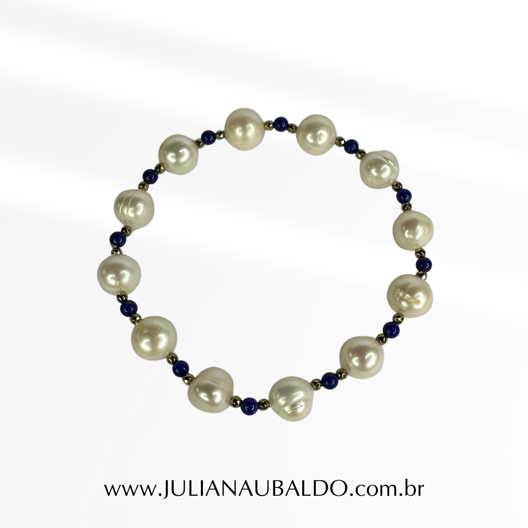 Pulseira Pérolas com Hematitas e Lápis Lazuli