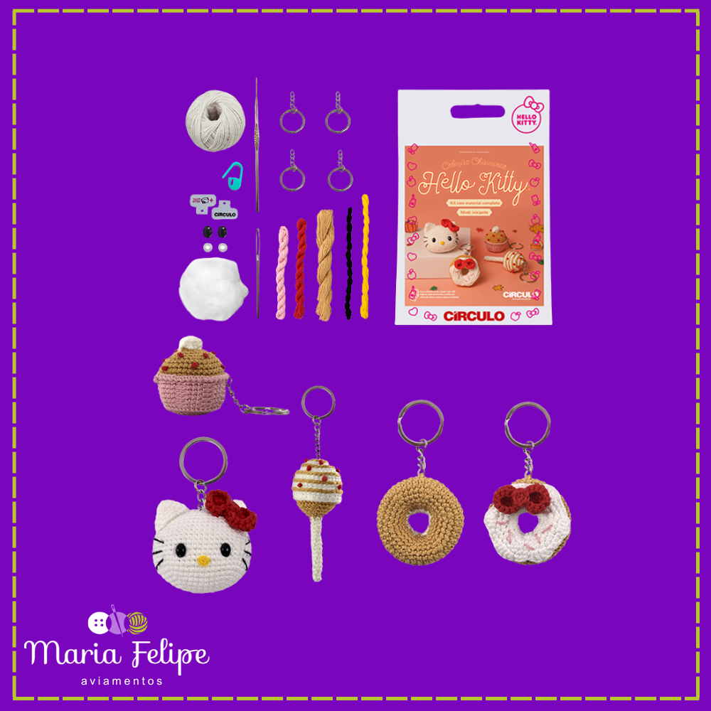Kit Amigurumi Coleção de Chaveiros Hello Kitty Círculo
