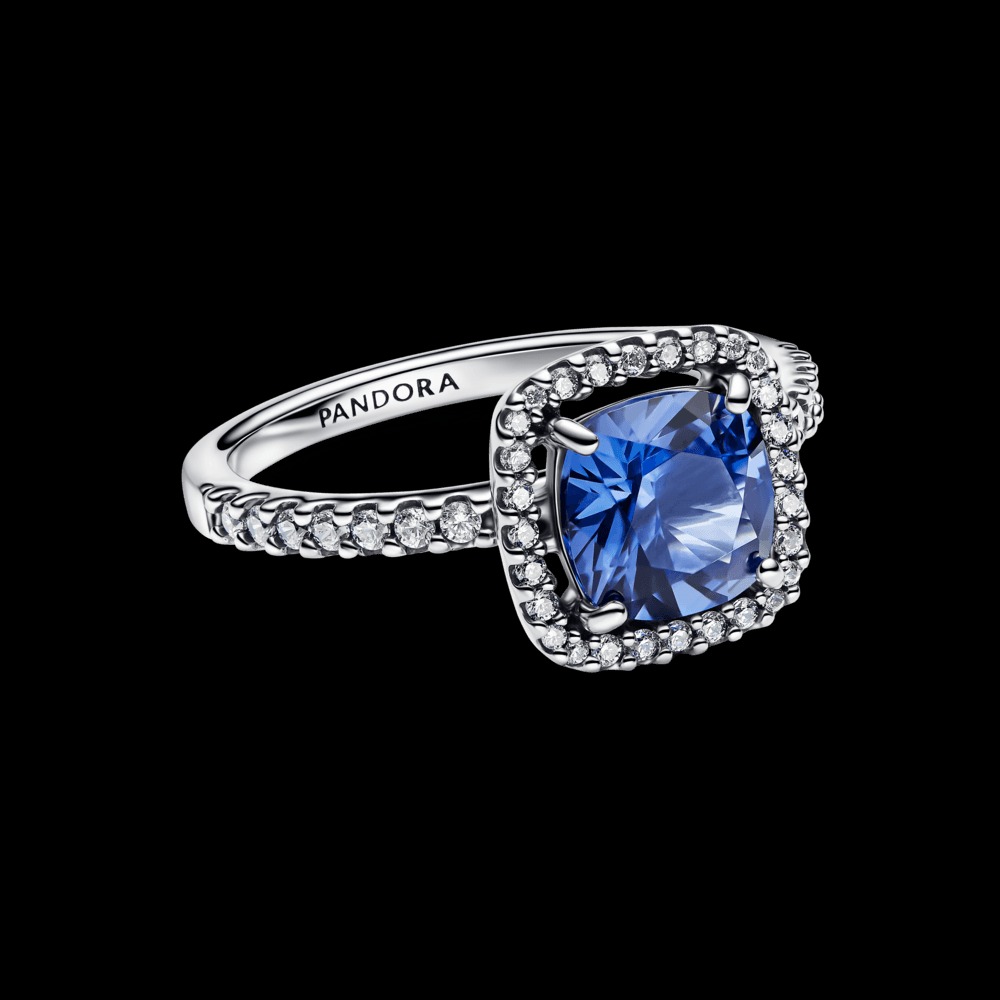 Anel Solitário Prata Pequeno Quadrado Azul Brilhante