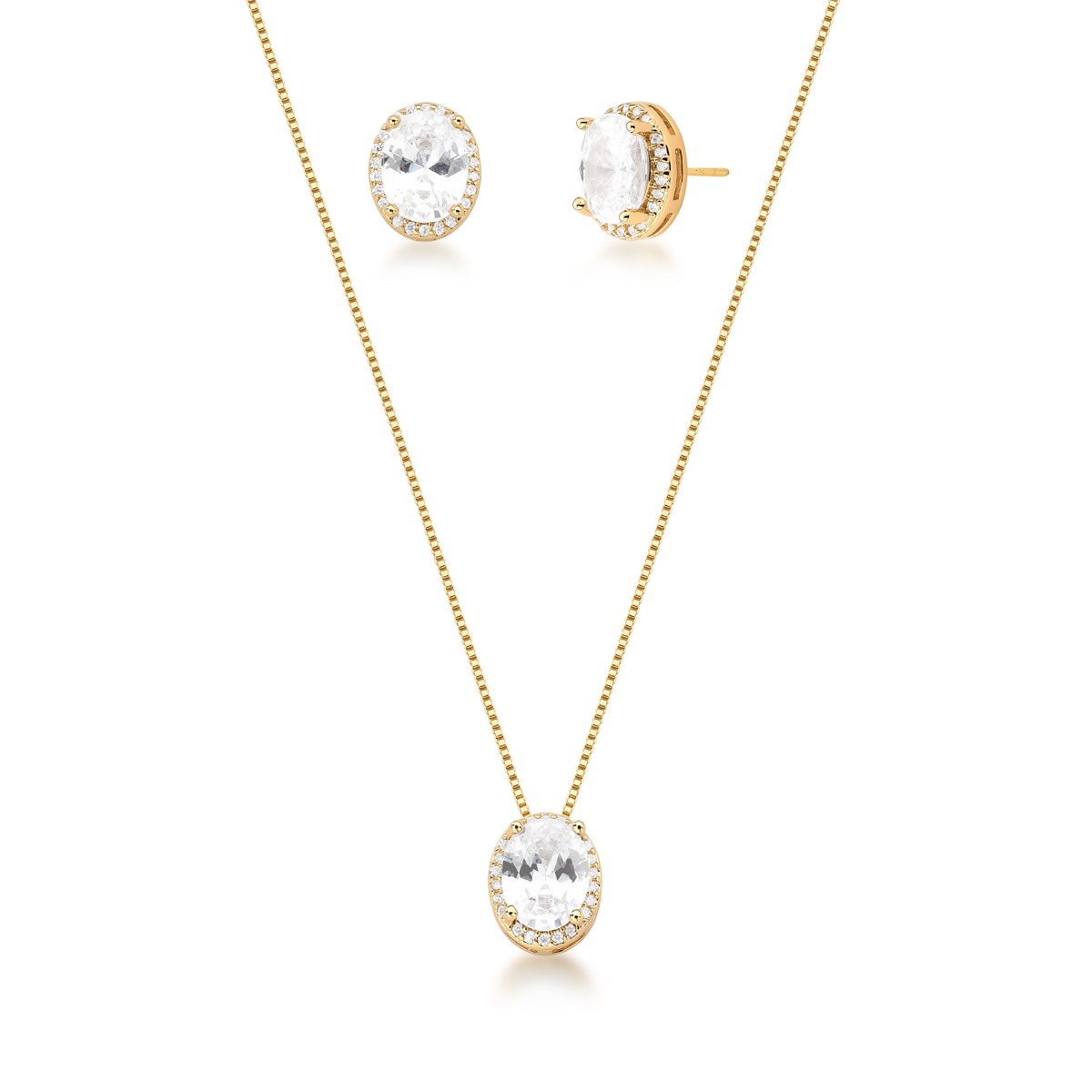 CONJUNTO COLAR E BRINCO COM CRISTAL OVAL BANHADO A OURO