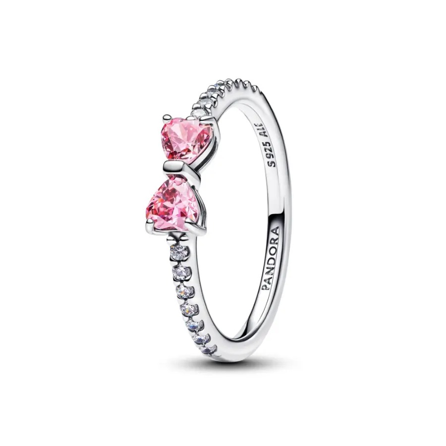 Anel Prata Laço De Coração Rosa Brilhante
