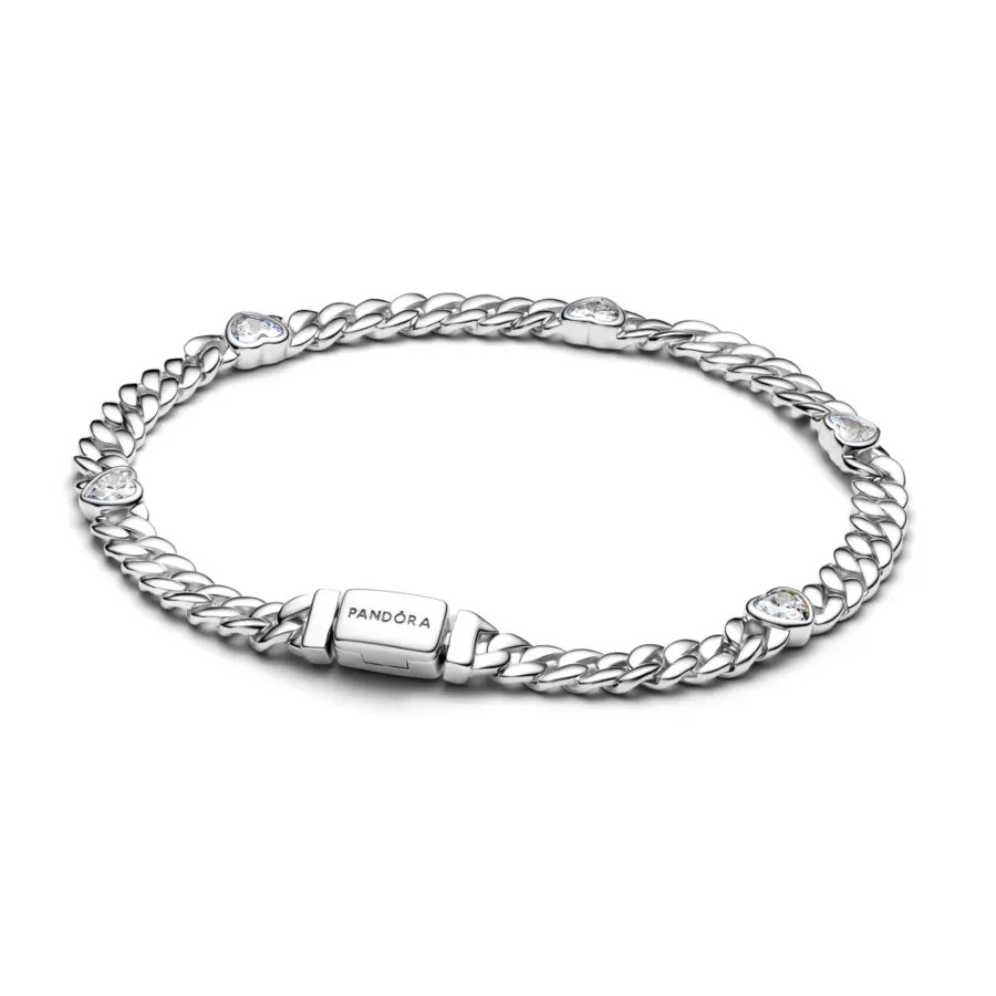 Bracelete Prata Maleável Corrente Cubana Corações Brilhantes