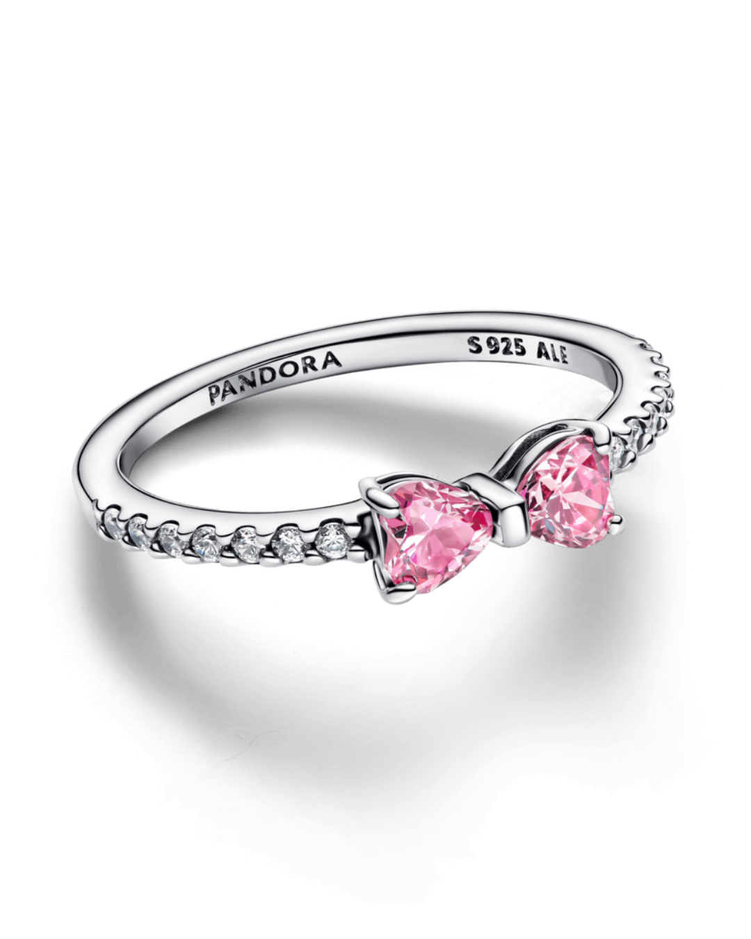 Anel Prata Laço De Coração Rosa Brilhante