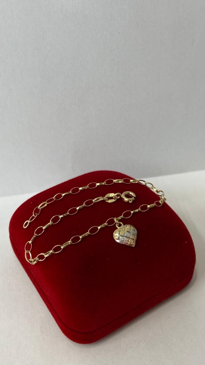 Pulseira em Ouro 10K Elo Grão c/ Coração nas 3 Cores
