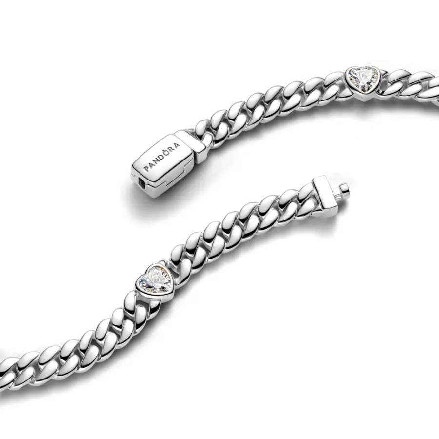 Bracelete Prata Maleável Corrente Cubana Corações Brilhantes