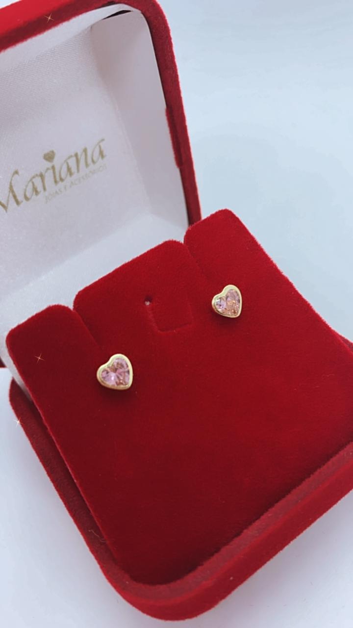 Brinco em Ouro 18k Zircônia Rosa Coração 5mm