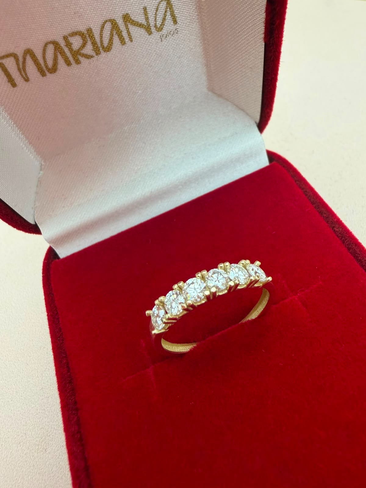 Anel Ouro 10k Meia Aliança 6 pedras moissanite