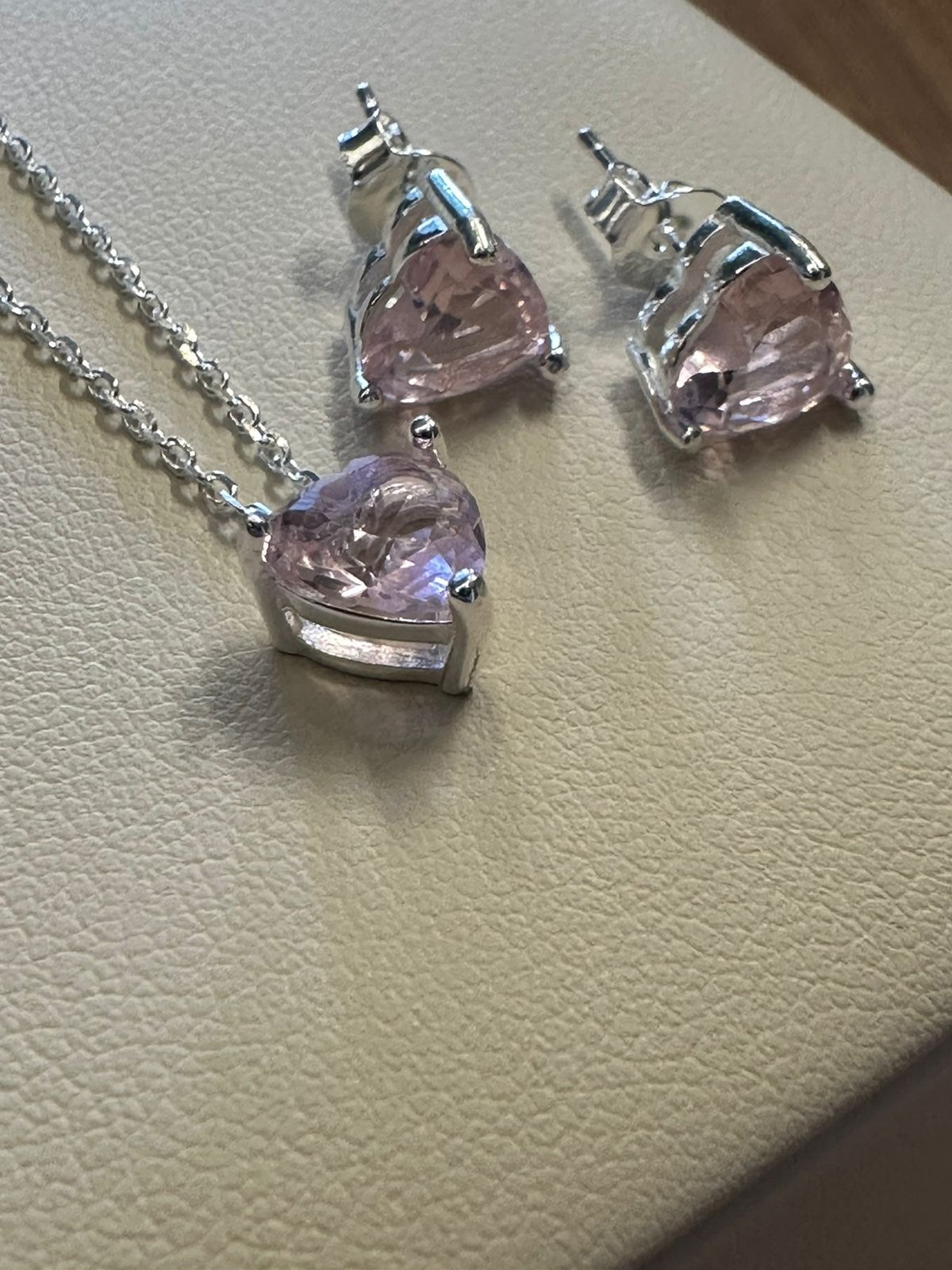 Conjunto em Prata Coração Zircônia Rosa