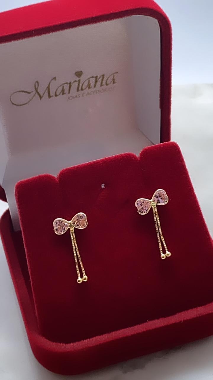 Brinco Laço Franja em Ouro 18K Zircônia Rosa