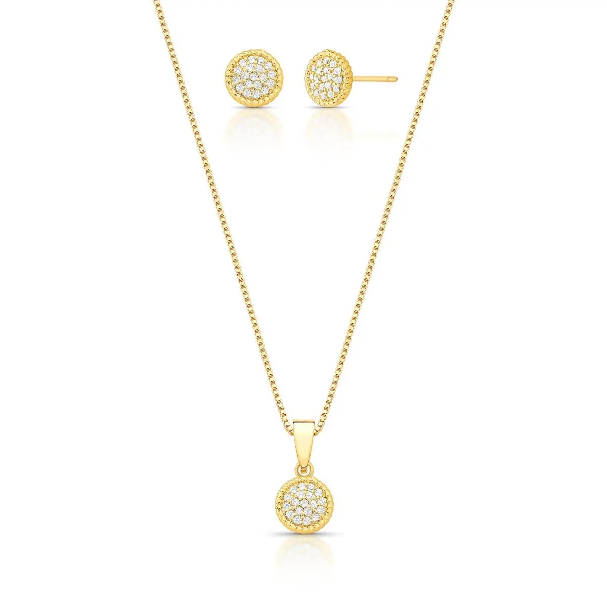 CONJUNTO DE BRINCO E COLAR REDONDO CRAVEJADO DE ZIRCÔNIAS